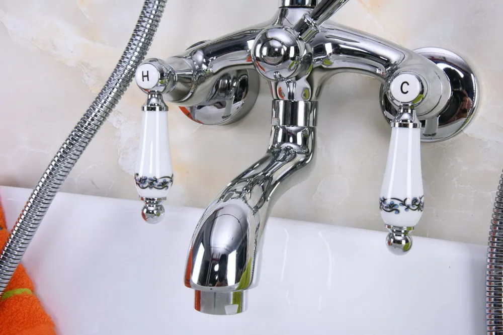 Polished Chrome Brass Double Ceramic Handles Wall Mounted Bathroom Clawfoot Bathtub Tub Faucet Mixer Tap Hand Shower ana218 image 3