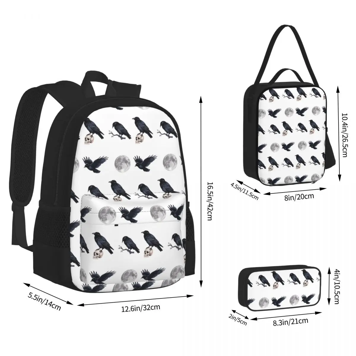 Trendy Black Raven Crow ,skull And Moon Pack Backpacks Children Bookbag School Bags Rucksack Lunch Bag Pen Bag Three-Piece Set