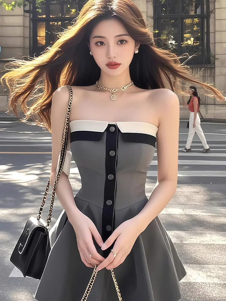 Damenkleid 2025, schulterfreies Kleid im neuen Design – Sommerliches, sexy Y2K-Mode-Taillen-Kleid in A-Linie