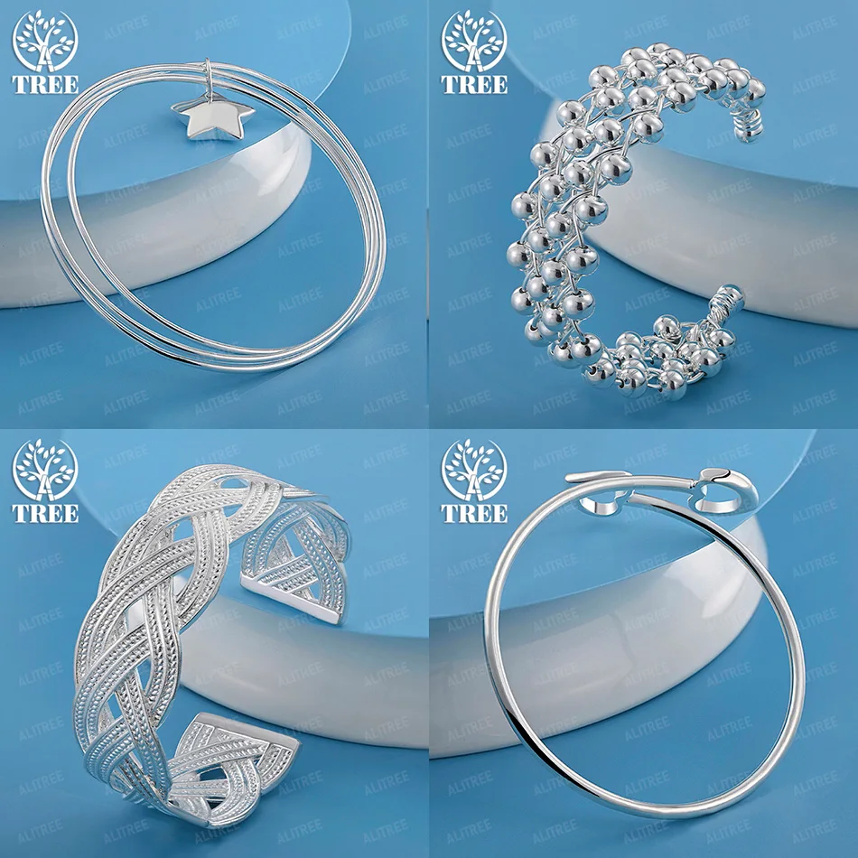 

Classic 925 Sterling Silver Beads Cross Woven Stars Heart Round Bangles Women Wedding Party Fashion Charm Jewelry Accessories
