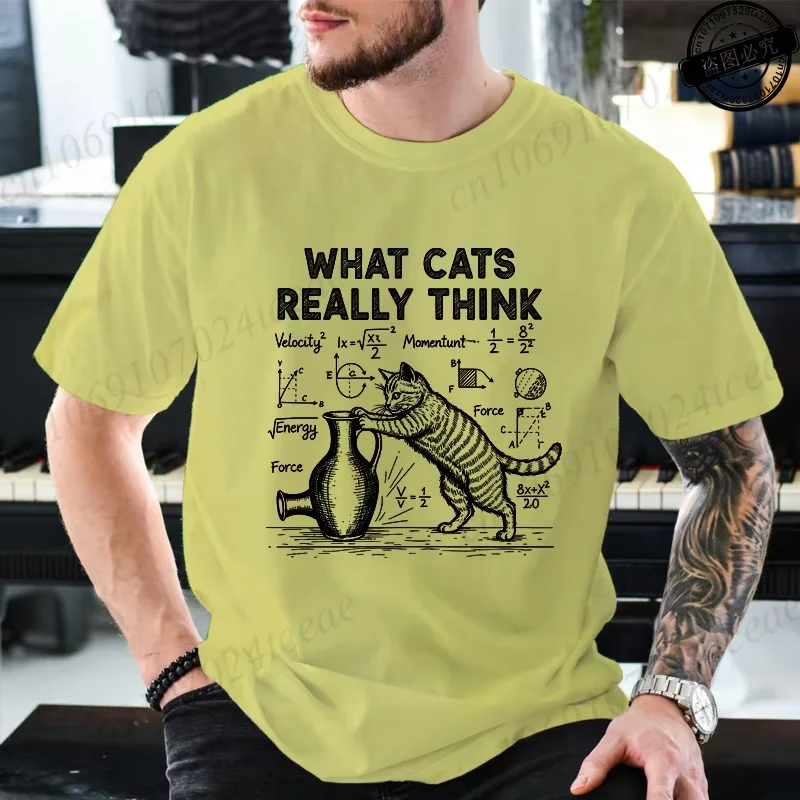 Cat Physics Science Joke Men's T-Shirt, Fun Math Cat Print T-Shirt, Men's Short Sleeve Street Style, Large Sizes Available