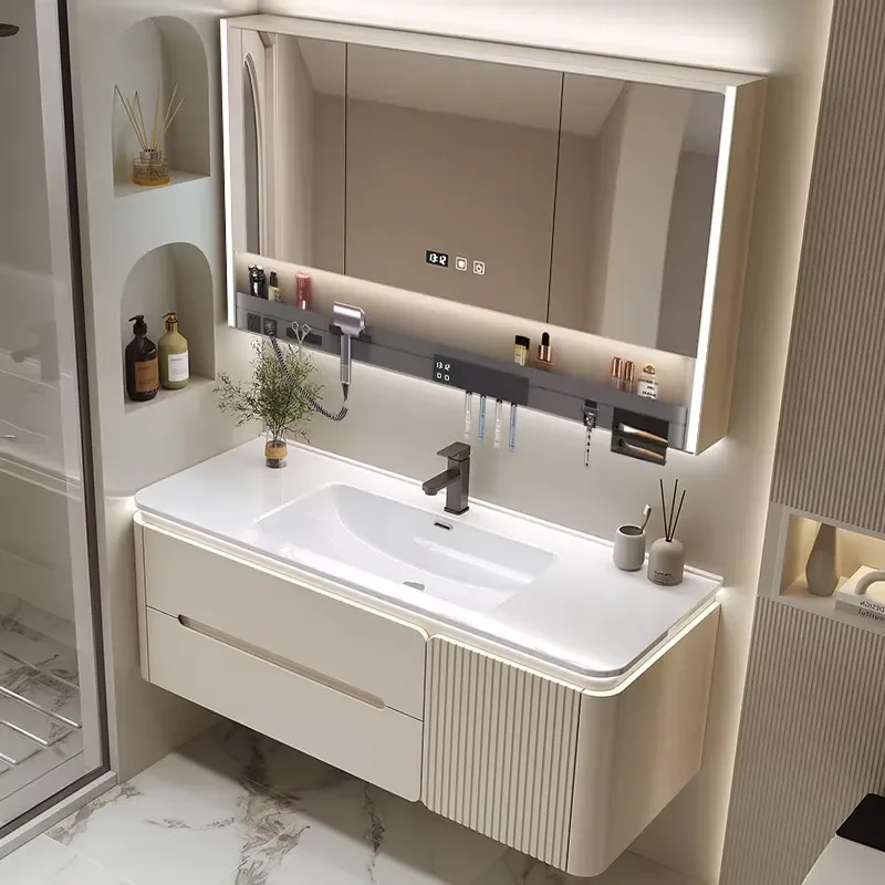 New Cream colored Modern-style Integrated Ceramic Basin Bathroom Vanity Set with Mirror Wash Basin Cabinet and Dressing Table
