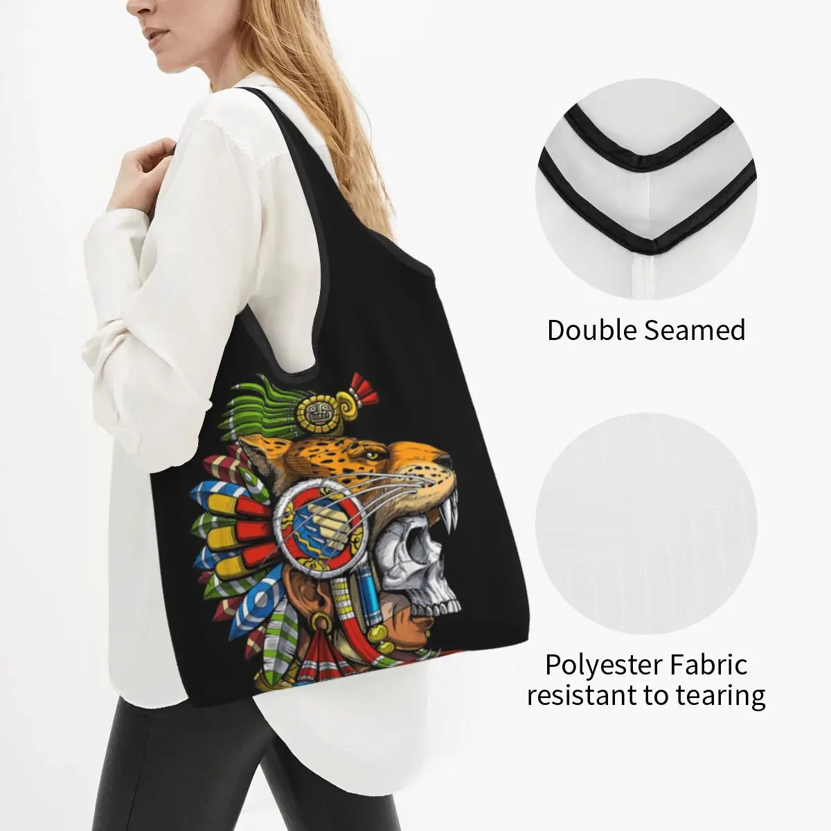 Aztec Skull Jaguar Warrior Mask Mayan Mythology Aztec Mask Portable Tote Shopping Bags Shopper Bag Handbag Shoulder Bag