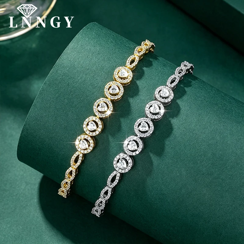 Lnngy Exquisite 3x3mm Heart Shape Moissanite Tennis Bracelet For Women Girls Romantic Dazzling Valentine's Day Jewelry Gift