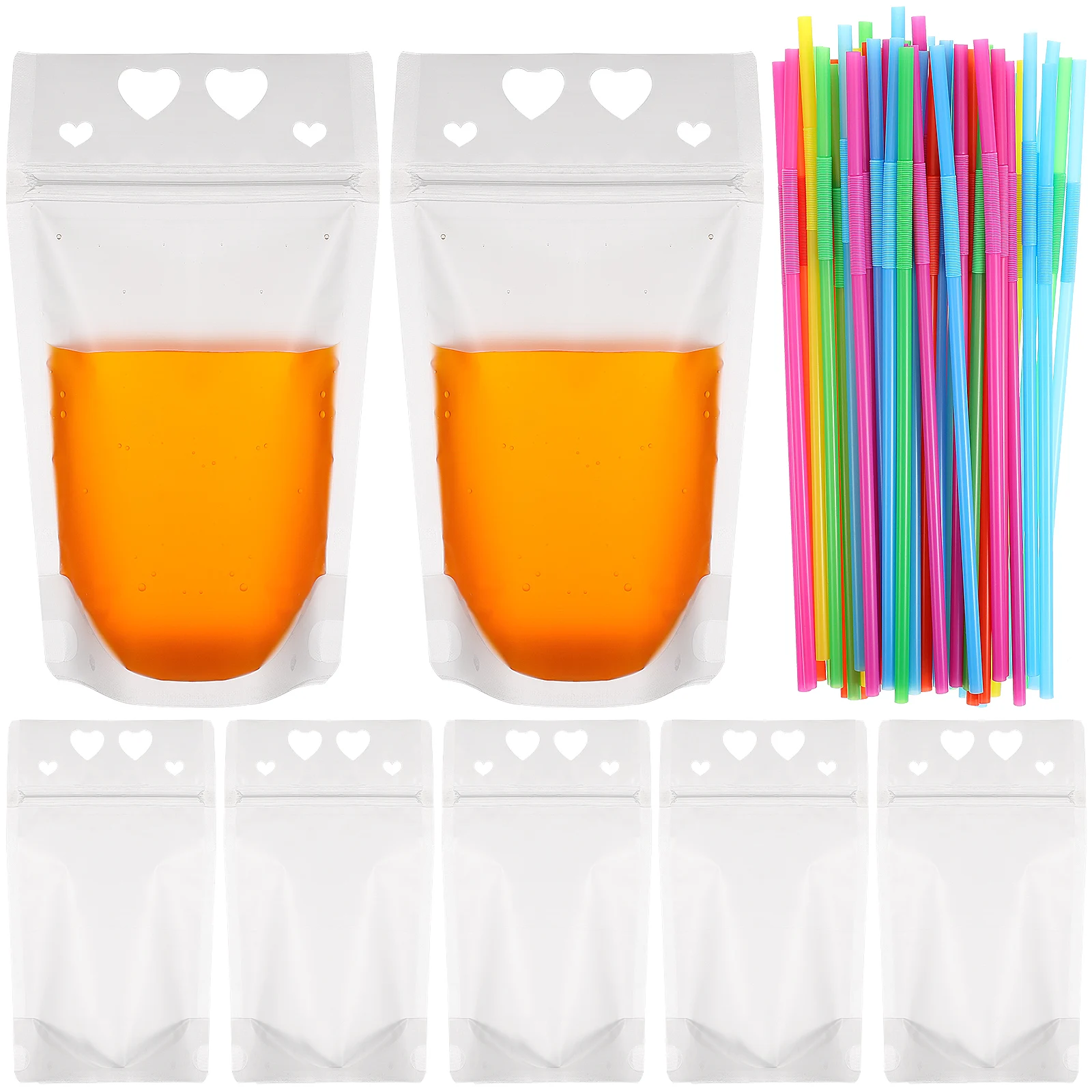 

50pcs Drink Pouches Juice Bag Straw Set Clear Hand-held Reclosable Handles Disposable Beverage Bags Kitchen Bar Supplies