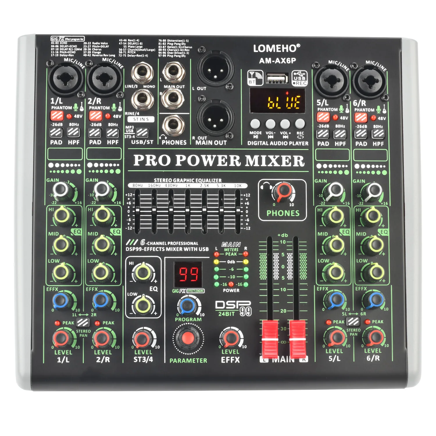 LOMEHO 6 Channel Power Mixer 99 Effect Mixing Console with Amplifier Bluetooth USB PC Audio Record 2*100W Sound Table AM-AX6P