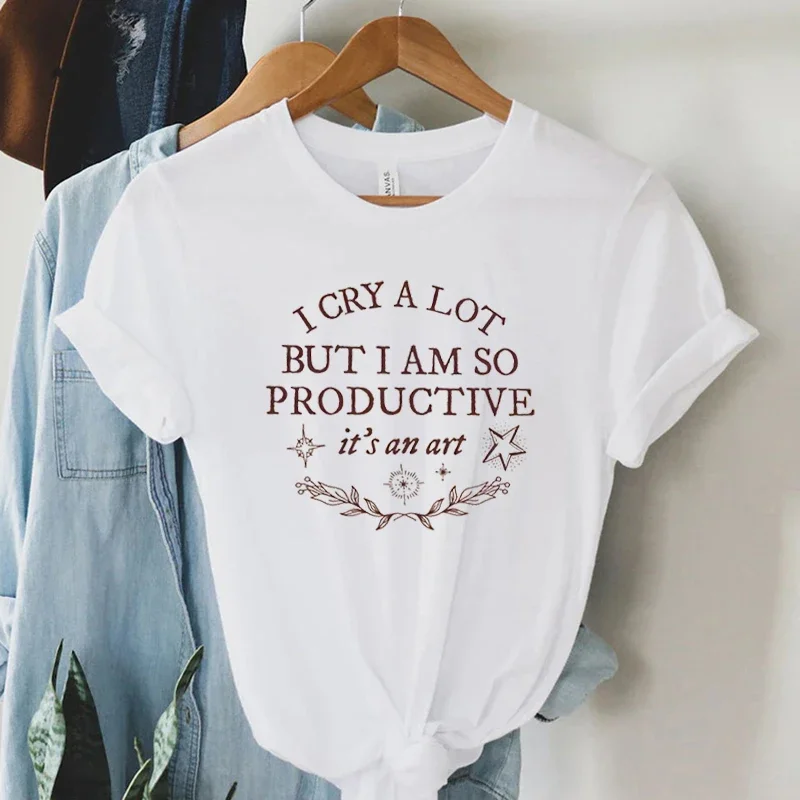 TTPD Album T-shirts Women's I Cry A Lot But I Am So Productive Print T Shirt Short Sleeve Casual Tees Mental Health Music Tshirt