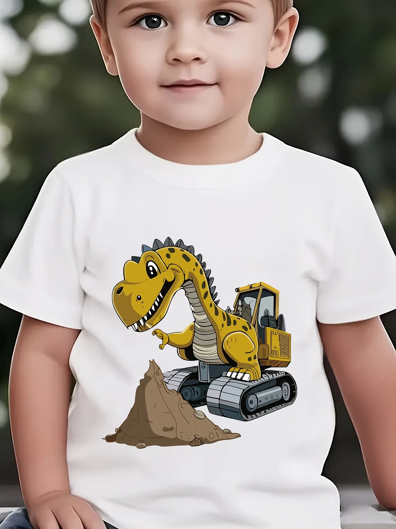 DX5056‑Boys‑Summer‑Dinosaur‑Excavator‑Print‑Crew‑Neck‑Short‑Sleeve‑Casual‑Kids‑T‑Shirt