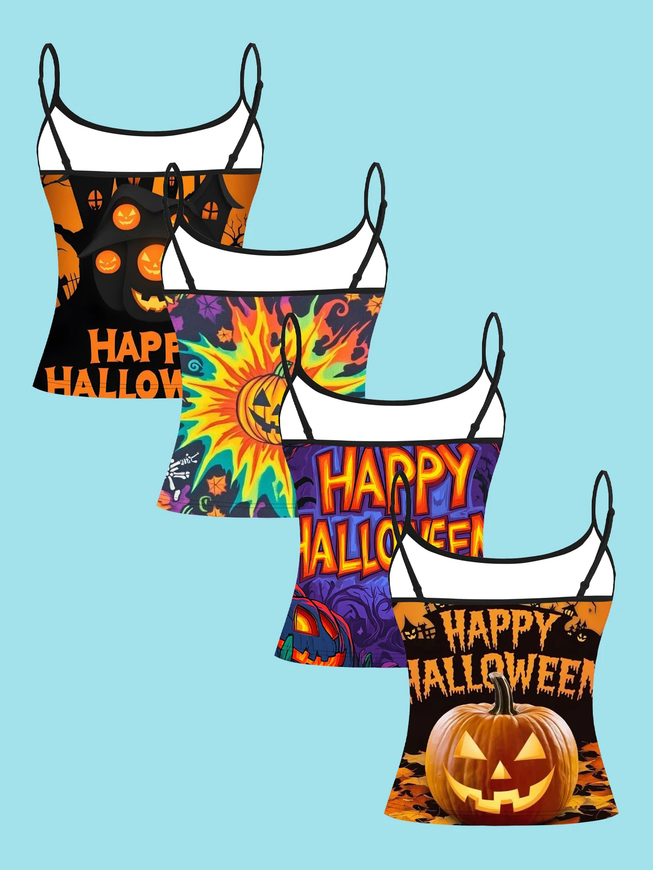 4-Pack Halloween Slogan Women's Camisole Tops with Colorful Flame Pumpkin Print, Slim-Fit Spaghetti Strap Short Camisole Tops