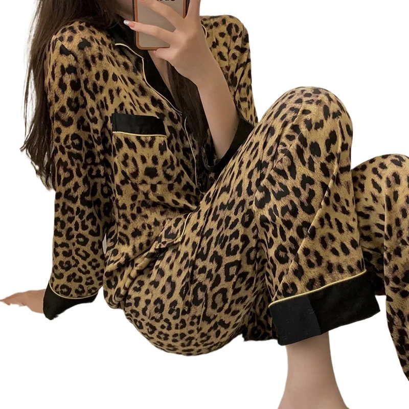 

Women's Spring And Autumn Pajamas Two-Piece Set Of Women Loose Fashion Leopard Print Long-Sleeved Ladies Upscale Homewear Suit