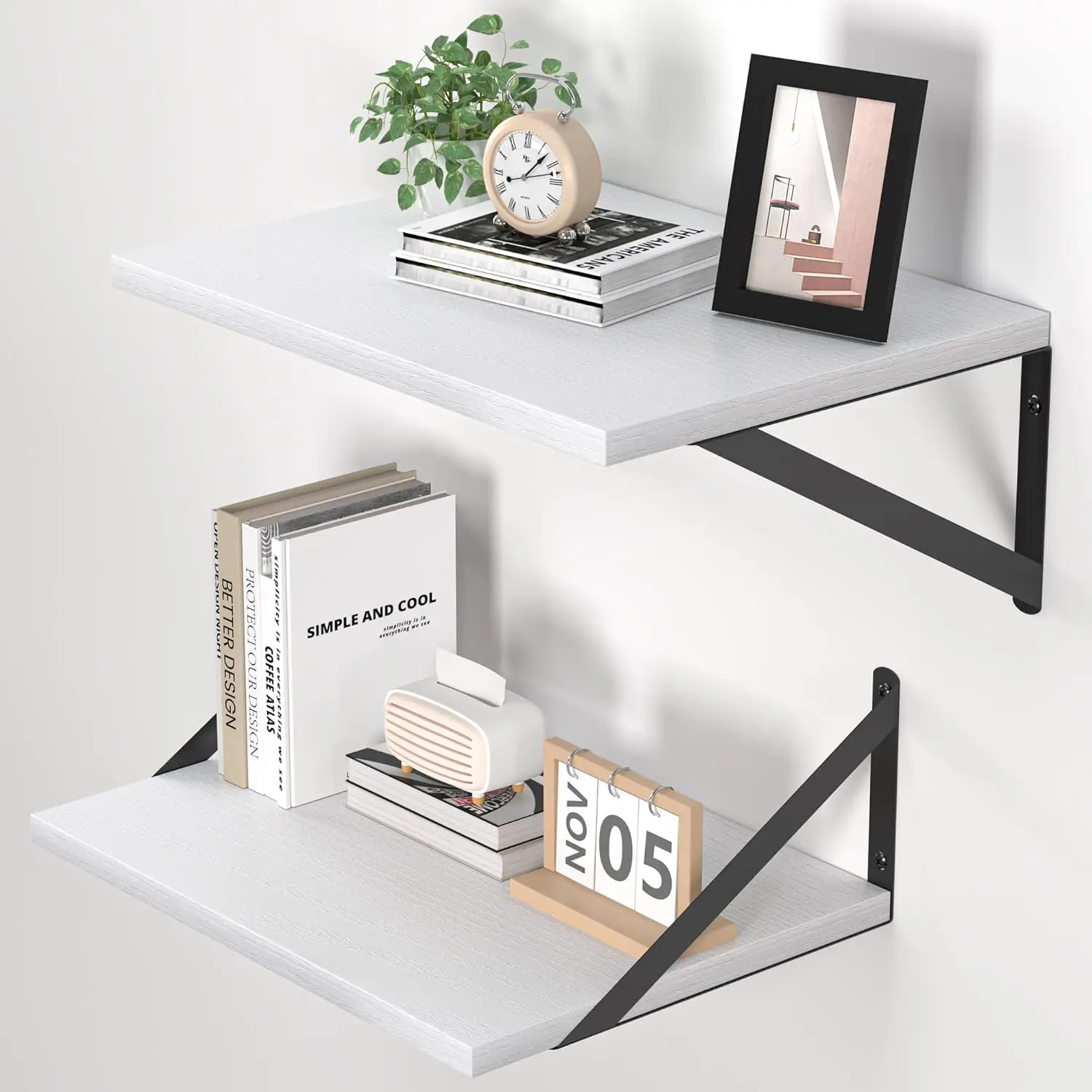

White Deep Floating Shelves for Wall, 16W x 12D Wood Wall Shelves Set of 2, Wide Floating Bookshelf for Living Room, Ki