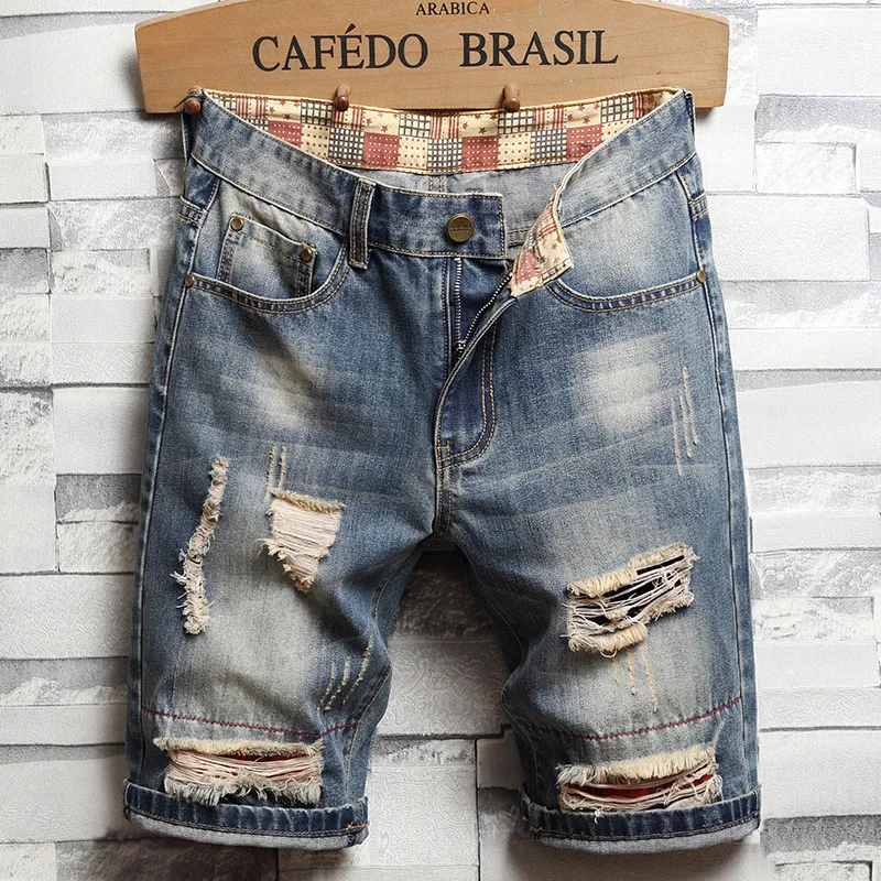 2024 Denim Shorts Men's Summer Fashion Brand Ripped Cool Beggar Loose Straight Trend plus Size Fifth Pants