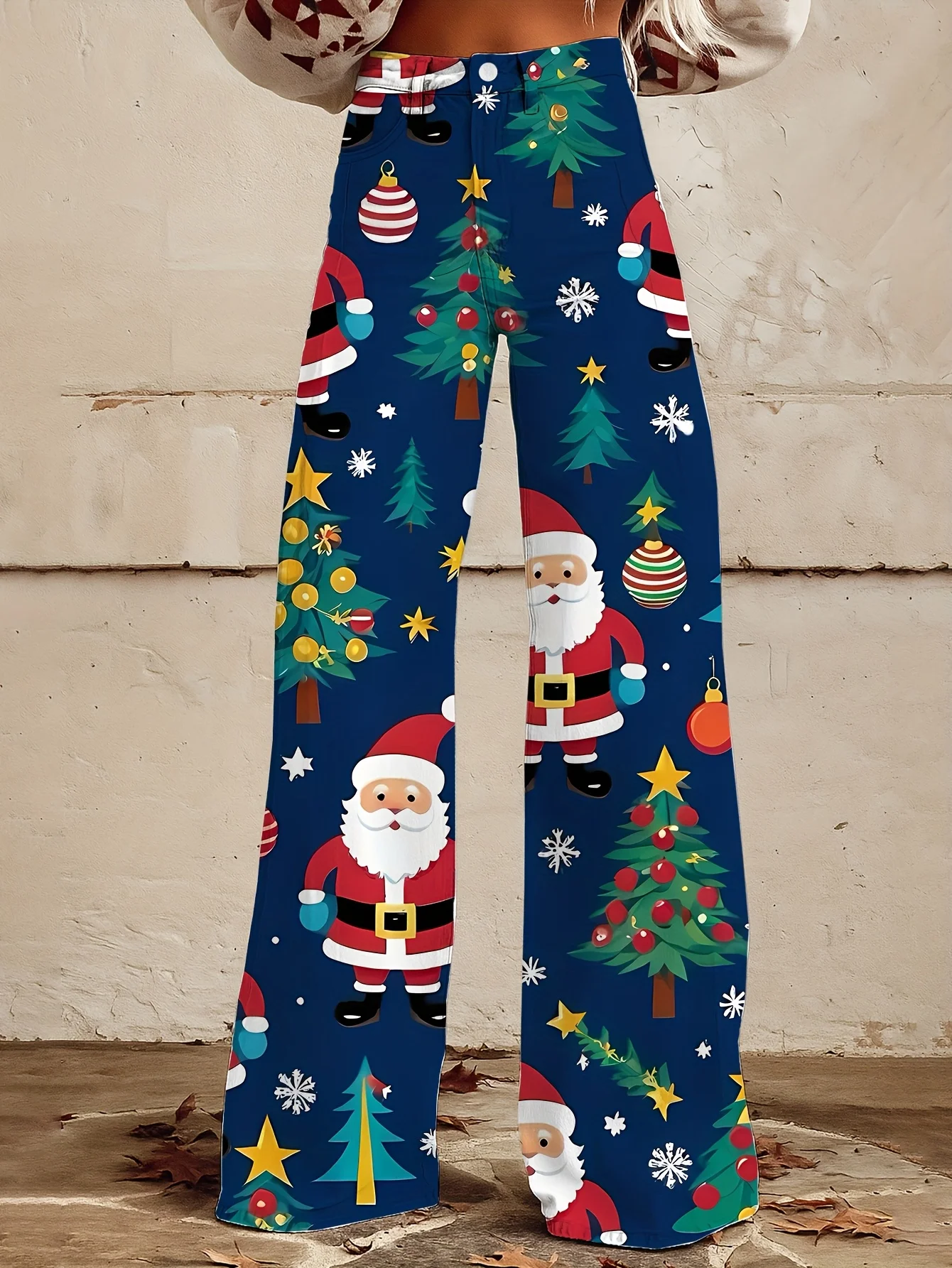 2026Ladies' imitation denim pants with Christmas snowflake pattern autumn and blue background Santa Claus snowflake pattern