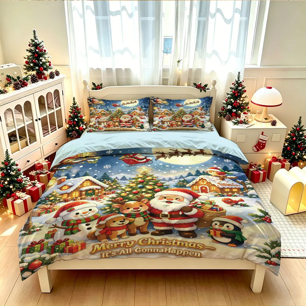 3pcs Christmas Themed Printed Duvet Cover Set 1 Duvet Cover 2 Pillowcases Holiday Bedding Machine Washable Decoration