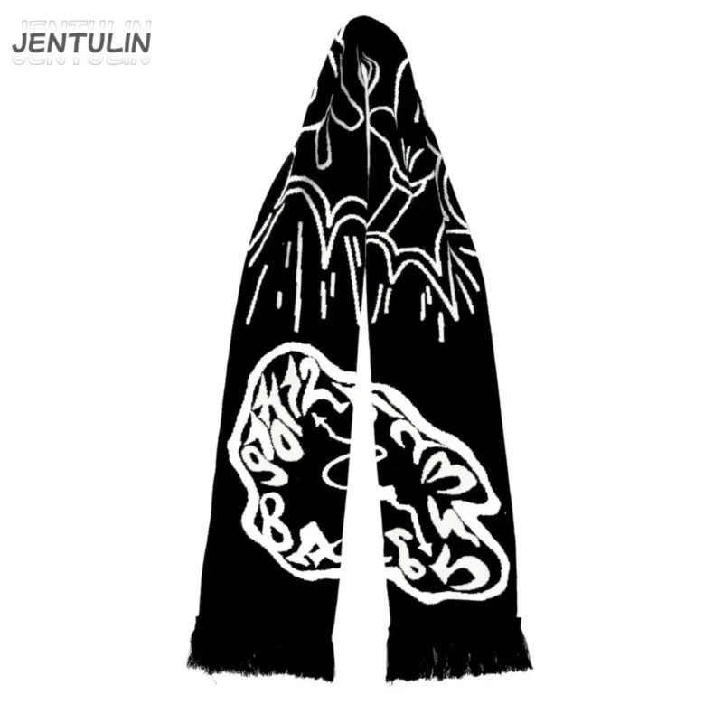 

Men Scarf Winter Y2k Streetwear Black Knitted Letter Gothic Shawl Scarves Korean Fashion Hip Hop Vintage Warm Unisex Accessories