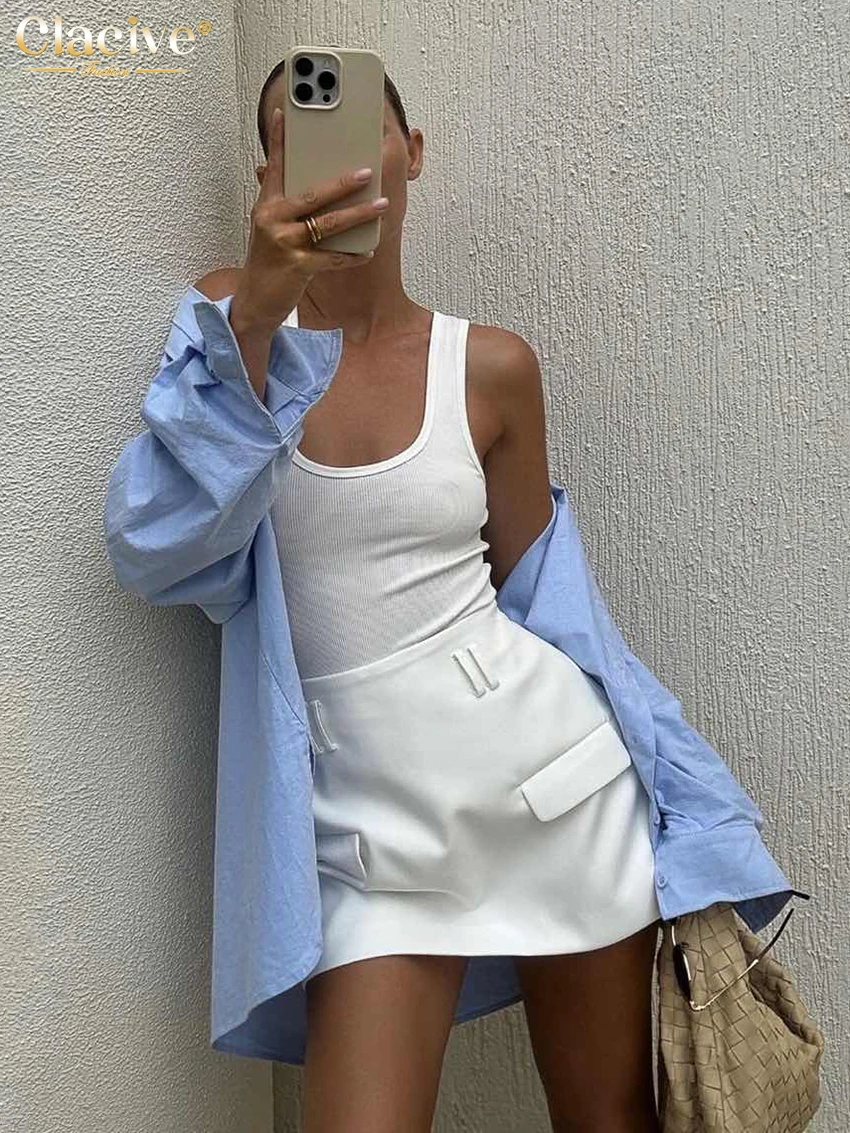 

Clacive Bodycon White Office Women's Skirt 2024 Fashion High Waist Mini Skirts Elegant Classic Pockets Skirt Female Clothing