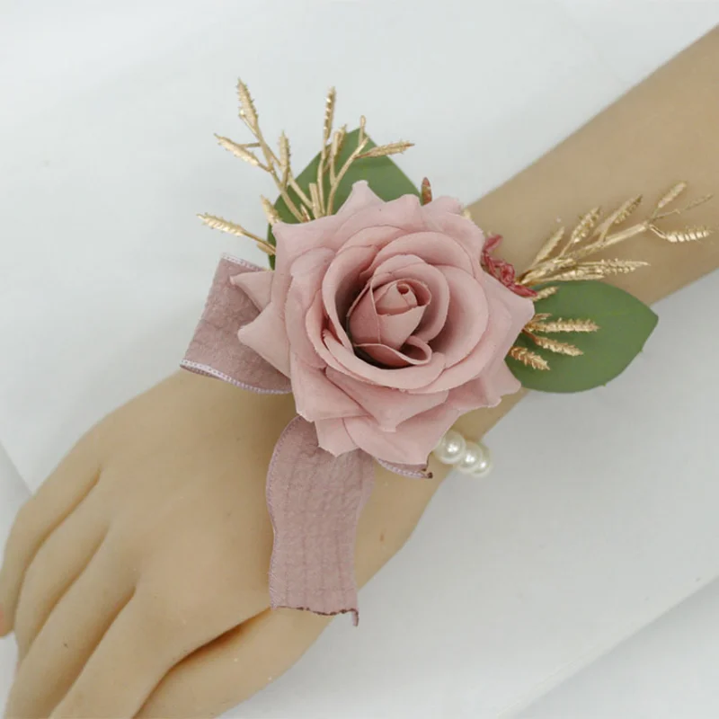 Dusty สีชมพูประดิษฐ์ดอกไม้ Akcesoria Ślubne Rose นาฬิกาข้อมือ Corsage เจ้าสาว Boutonniere งานแต่งงานอุปกรณ์เสริม