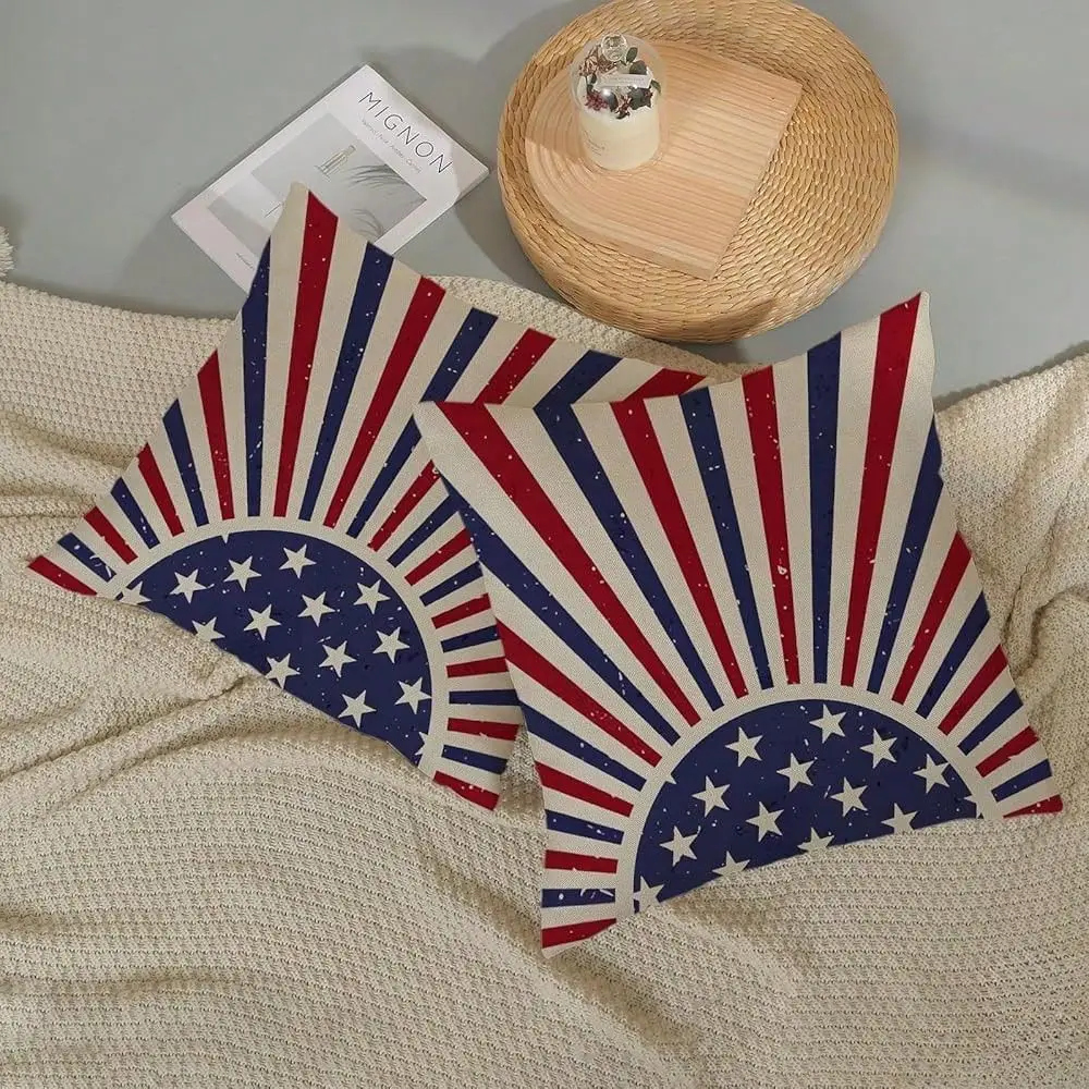 

Of July Pillow Covers 18x18 Inch 2 Pcs Blue Red Striped Sunshine Outdoor Decor Throw Pillows Patriotic Star Farmhouse Holiday D