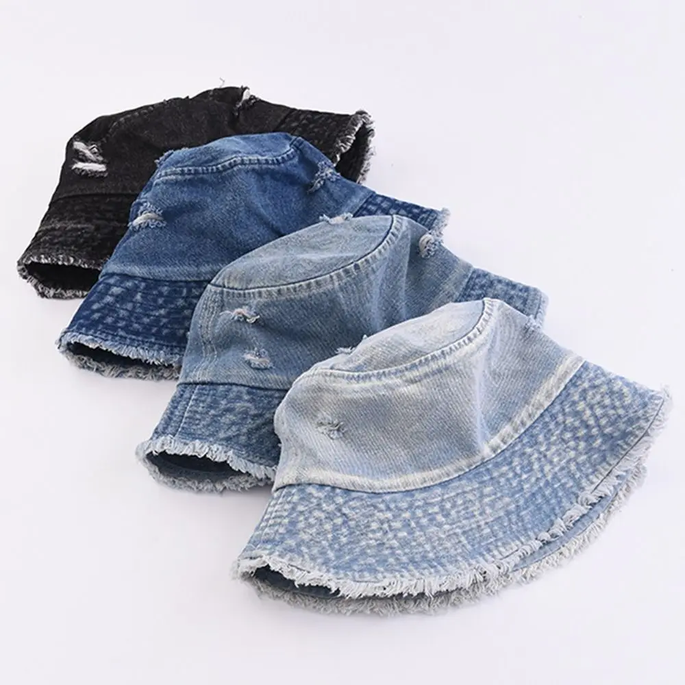 

Korean Style Denim Bucket Hat Washed Denim Large Brim Sun Protection Hat Frayed Edge Solid Color Fishermen Caps Casual Wear