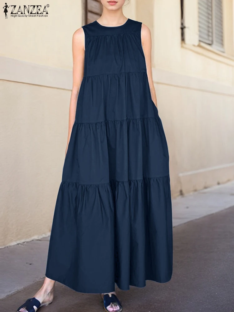 ZANZEA 2023 Sommer Kleid Stilvolle Urlaub Party Kleider Elegante Frauen O Hals Ärmellose Sommerkleid Robe Femme Solide Plissee Vestido