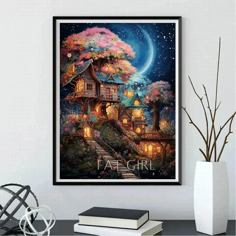 DIY Diamond Painting New 2024 Dream Tree House Decoration Full Drill Diamond Mosaic Fantasy Landscape Picture Rhinestone Gifts