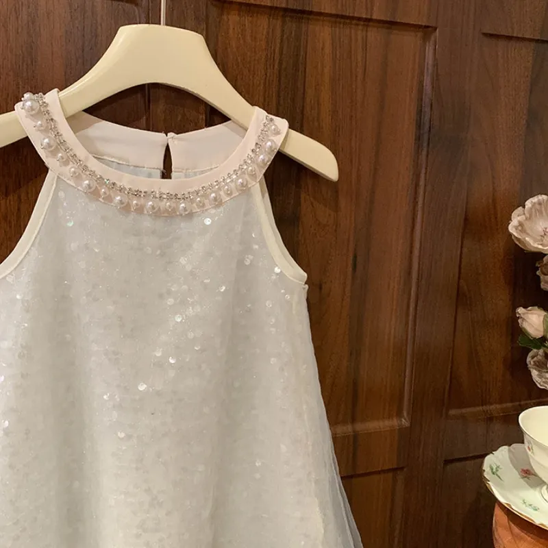 Newborn Baby Girl Princess Pearl Sequin Dress Sleeveless Infant Toddler Child Tulle Vestido Party Birthday Baby Clothes 1-12Y