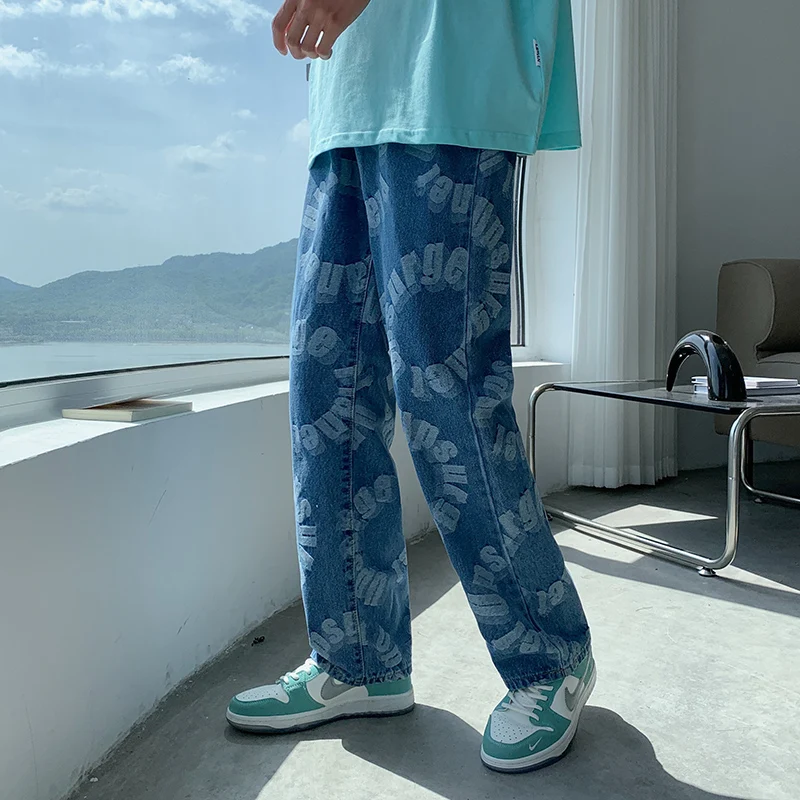 Trendy Street Style Men's Jeans Loose Straight Leg Summer Casual Wide Leg Dad Pants Draped Feel Print Long Trousers
