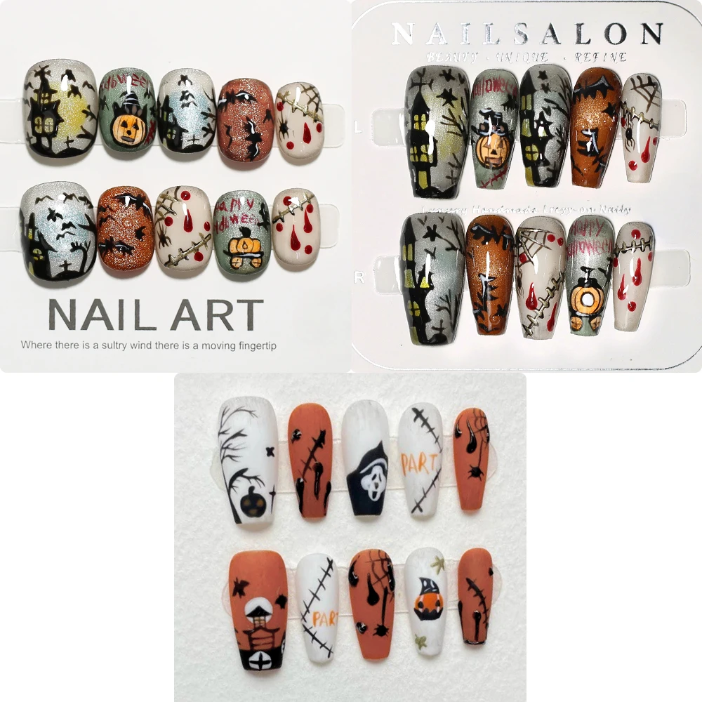 

10 шт./пакет Хэллоуин призрак тыква летучая мышь паук ручной работы пресс на ногтях короткие круглые средние съемные накладные ногти
