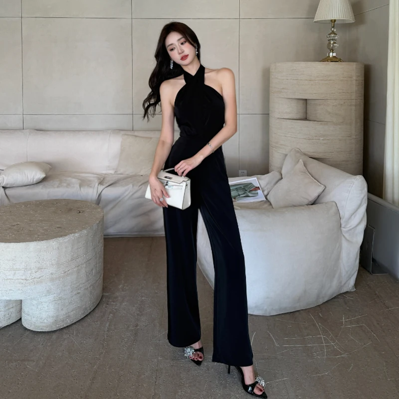 

Ele Bla Off-oulder One-Piece Pants for Women High Waist Wide Leg Cotton Trousers Dra Sensation Commute Sle