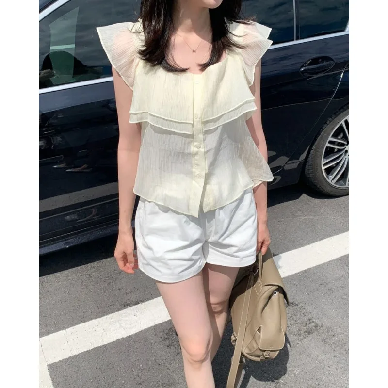 

Korean Style Semi-Transparent Shirt with Flying Sleeves Spring Autumn Winter Casual Wear for Women School Work Travel Street ...