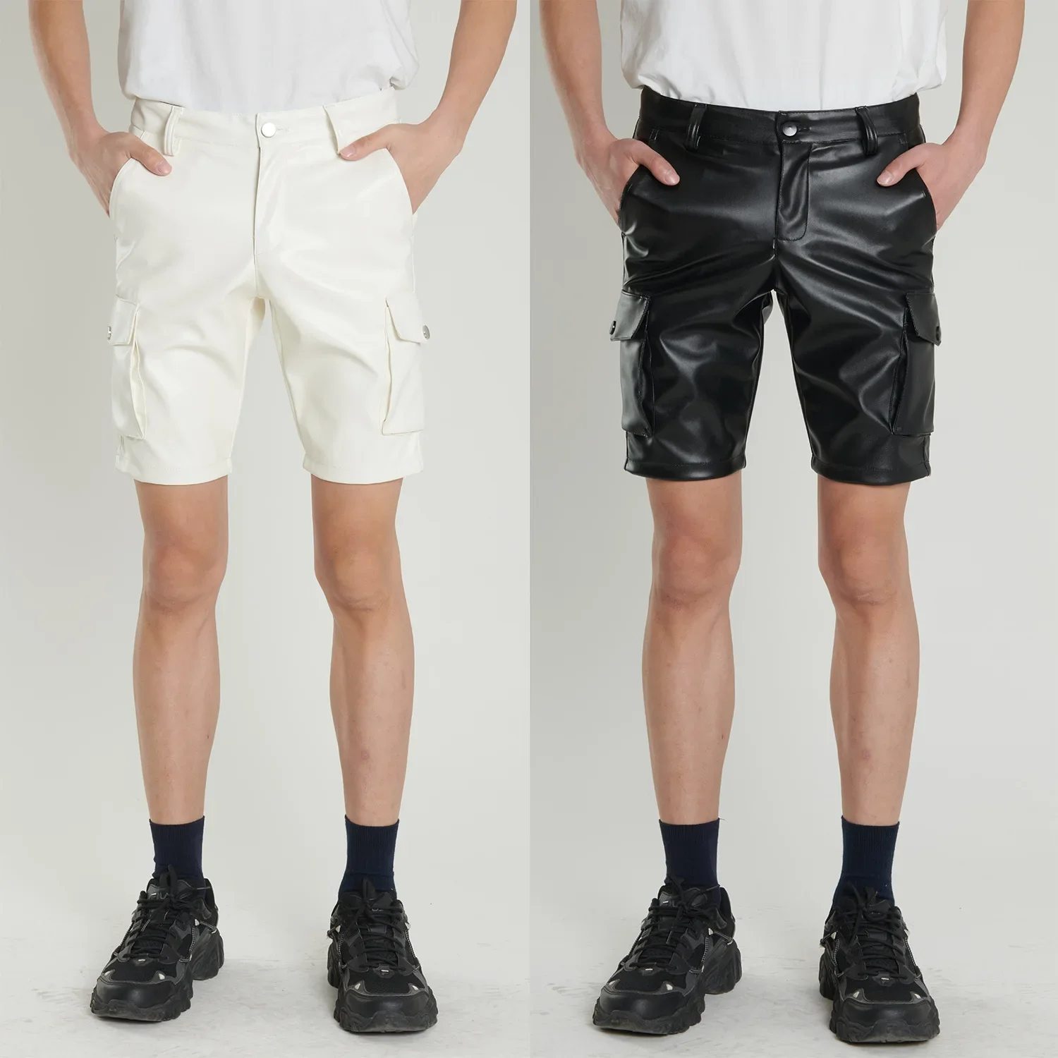 Summer thin young cross-border leather pants men\'s stretch white black leather pants men\'s fashion shorts five pants