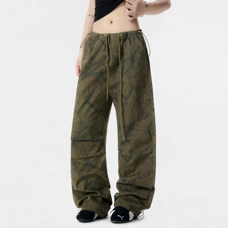OR FL Baggy Staraight 97 Cotton Women Paratrooper Pants Fold Trendy Brand Wood Grain Retro Design Sense Tie the Feet Slacks Y2k
