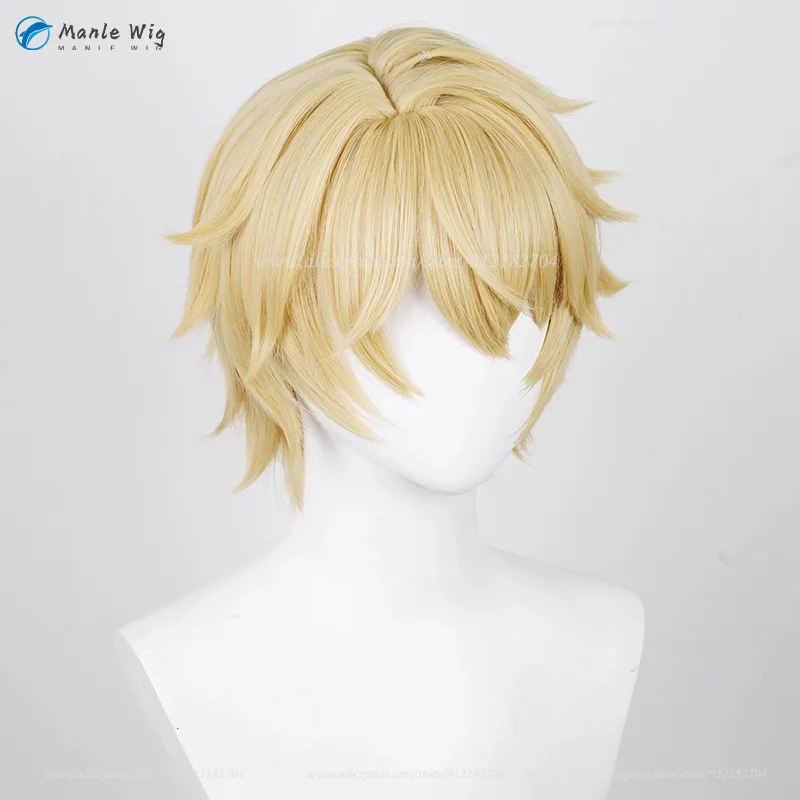 Peruca de Cosplay para Homens, Resistente ao Calor, Cabelo Sintético, Couro Loiro, Boné, 30cm