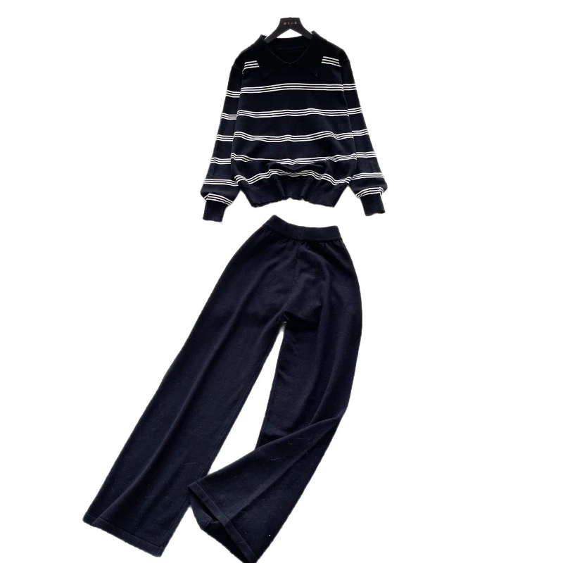 Women Pant Set Two Piece Sets Turn Down Collar Full Sleeve Striped Knitted Tops Wide Leg Long Pants Elastic Waist Y2k Streetwear