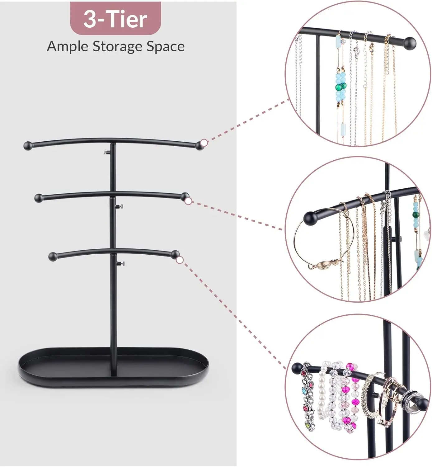 Metal Jewelry Tree, 3-Tier Organizer for Necklaces & Earrings, Black Display Stand – Christmas Gift
