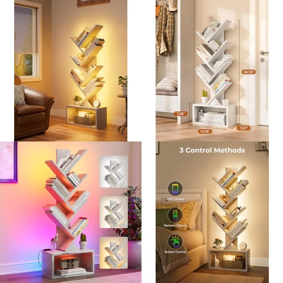 

6 Tier Tree Bookshelf with Lights, LED Book Tree Bookcase with Storage Organizer, Small Corner Bookshelf Floor Standing Book Sh