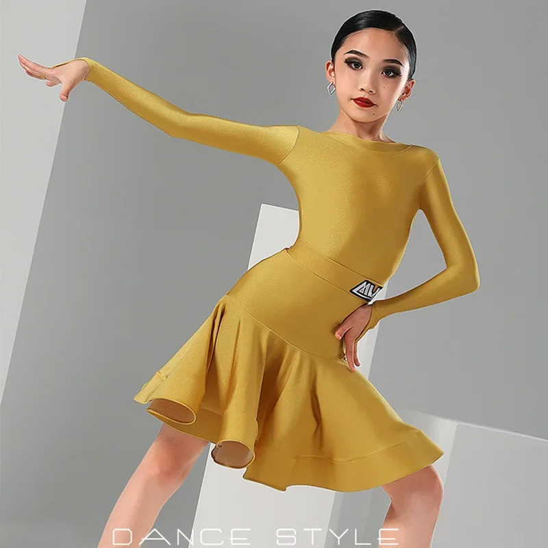 فستان ذهبي لاتيني للمنافسة للأطفال بأكمام طويلة بدلة رقص تنورة للفتيات تشا تشا رومبا ملابس المسرح ملابس الرقص اللاتينية 1438 #4