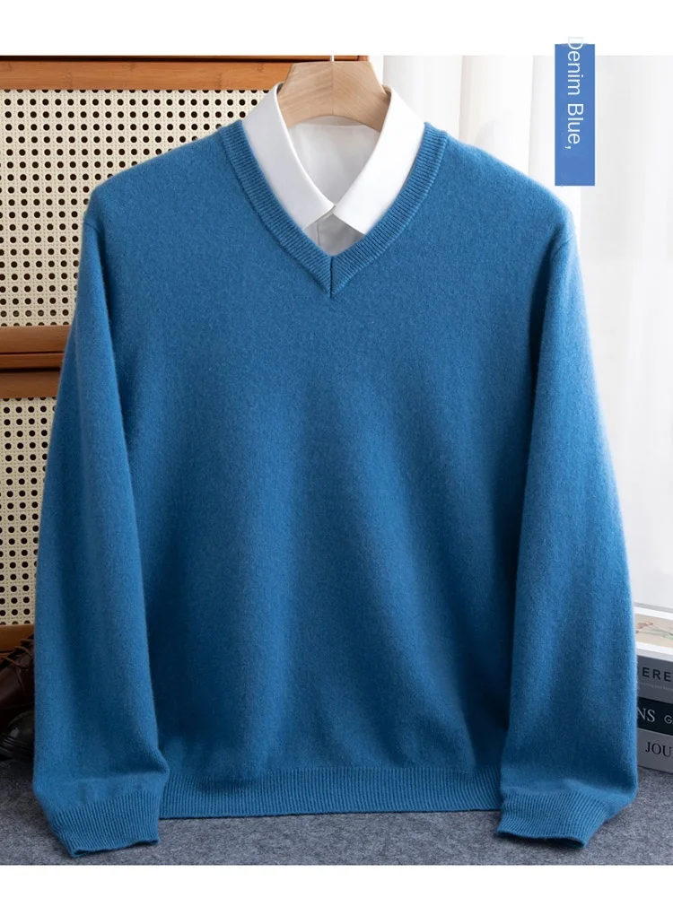100% reiner Merinowollpullover für Herren, V-Ausschnitt, Strickpullover, große Größen, Kaschmir, Herbst/Winter, neuer Langarmpullover, hochwertige Oberteile – Detail 14