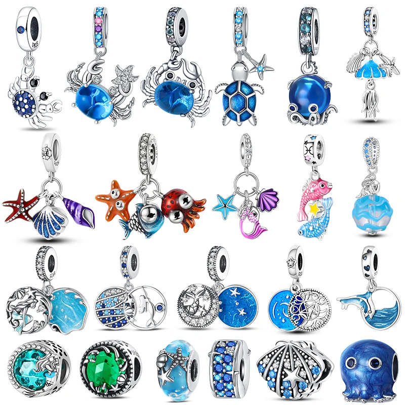 

925 Sterling Silver Ocean Series Crab Starfish Fish Pendant Fit Original Pandora Bracelet Charm Jewelry DIY Blue Clip Bead