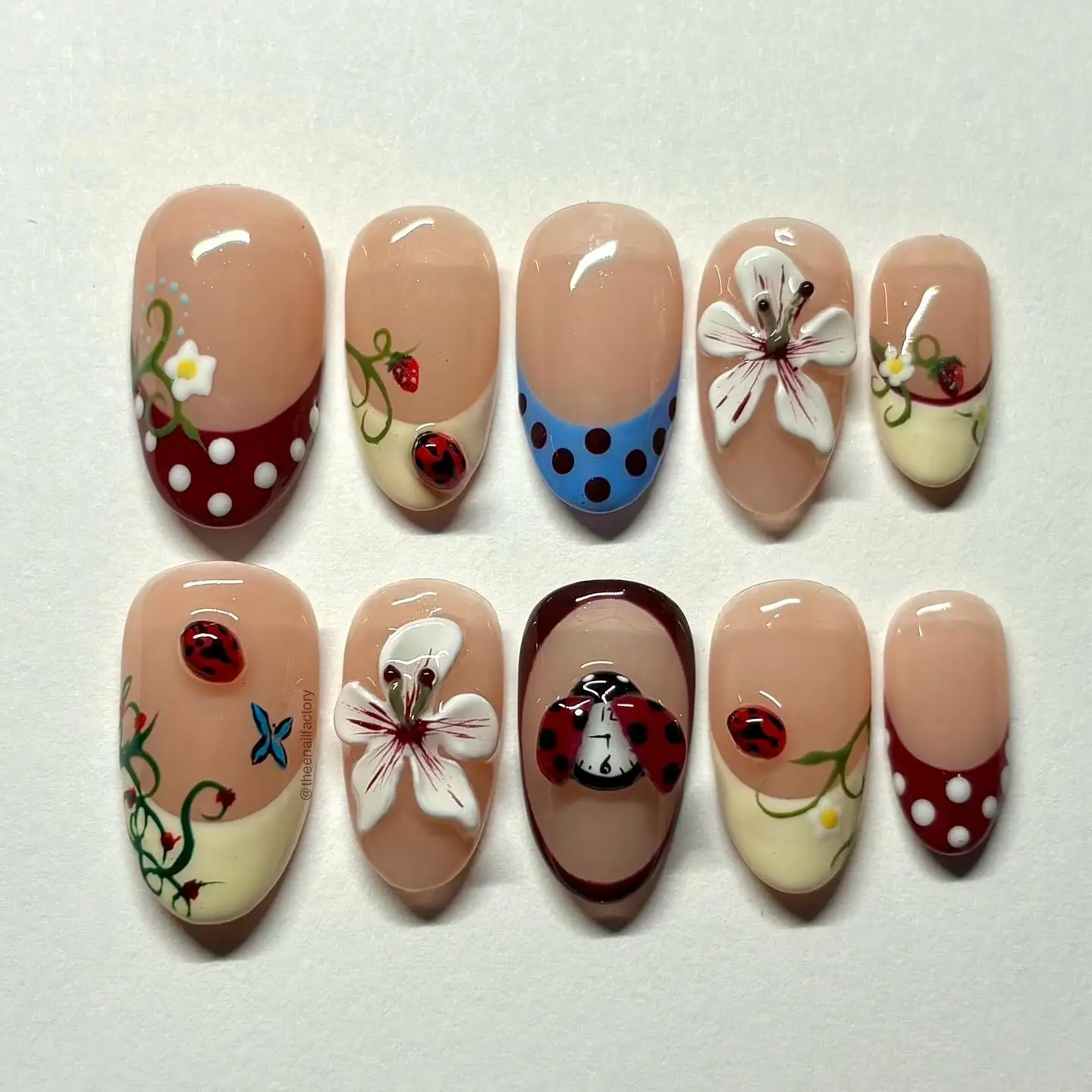 

Handmade Press on Nails Hand Sculpted 3D Flower Ladybug Hand Painted Polka Dots Butter Yellow French Tips Nail Flowers Y2k Nails
