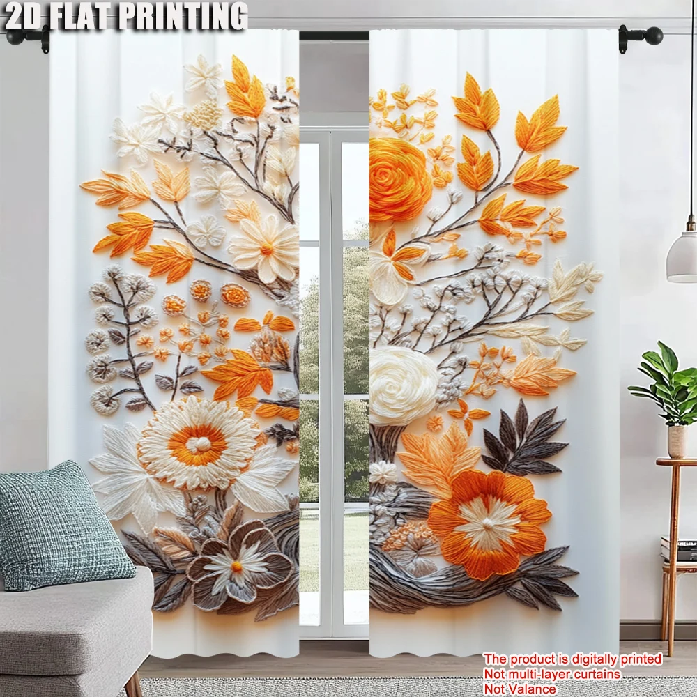 

2Pcs Floral Leaf Print Curtains Rod Hole Design Polyester Perfect For Living Room Bedroom Kitchen Elegant Home Decor