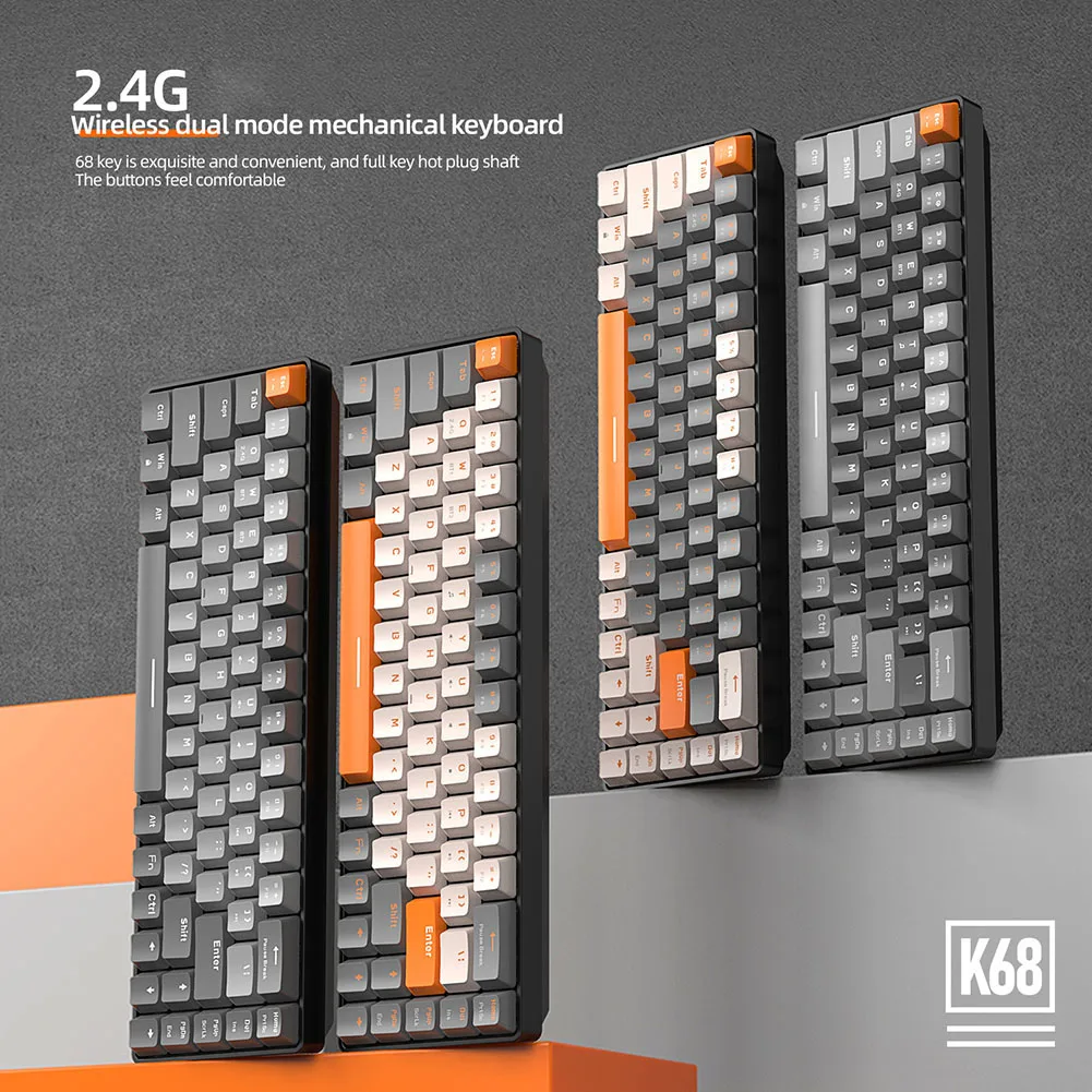 K68 2.4G Bluetooth 5.0 Mechanical Keyboard Hot Swap Red and Blue Hot Swap Gaming Keyboard 68 Keys Dual-mode Wireless Keyboard