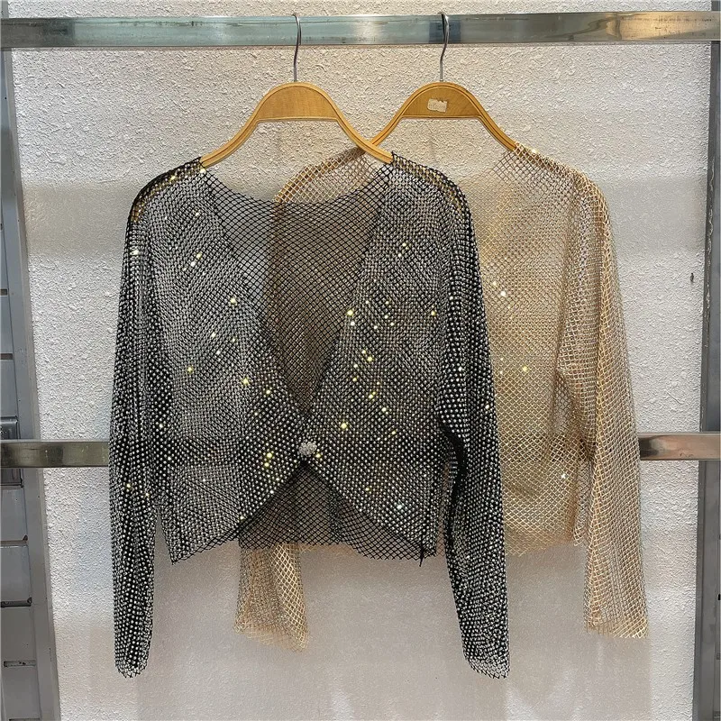 Shimmering Crystal Mesh Top Bling Sensation Elegant Lady Lightweight Diamond Strap Dress Outerwear Short Coat V-neck Button-up