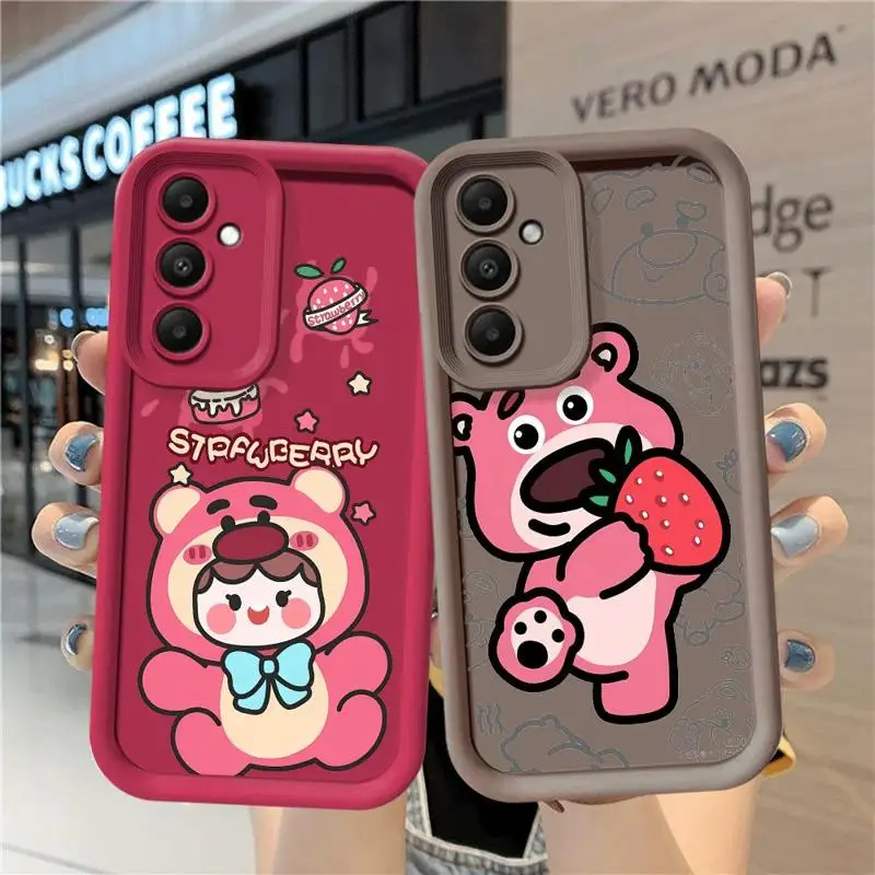 Strawberry-Bear Cartoon 3d Edges Phone Case for Samsung Galaxy A55 A54 A53 A15 A12 A13 A14 A35 A25 A50 A05 Ladder Silicone Funda