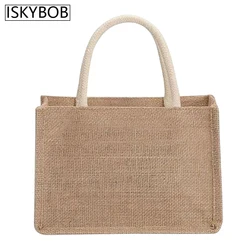 Fashion Burlap Tote Bag Women Jute Beach Shopping Handbag Vintage Portable Reusable Gift Bags withe Handle Multiple Sizes