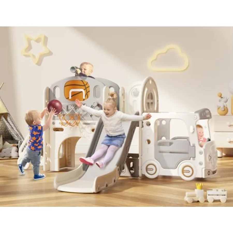 

10 in 1 Toddler Slide Playset - Baby Slide for Toddlers 1-3 with Ring Toss and Bus Play House Indoor Outdoor Playset Playground