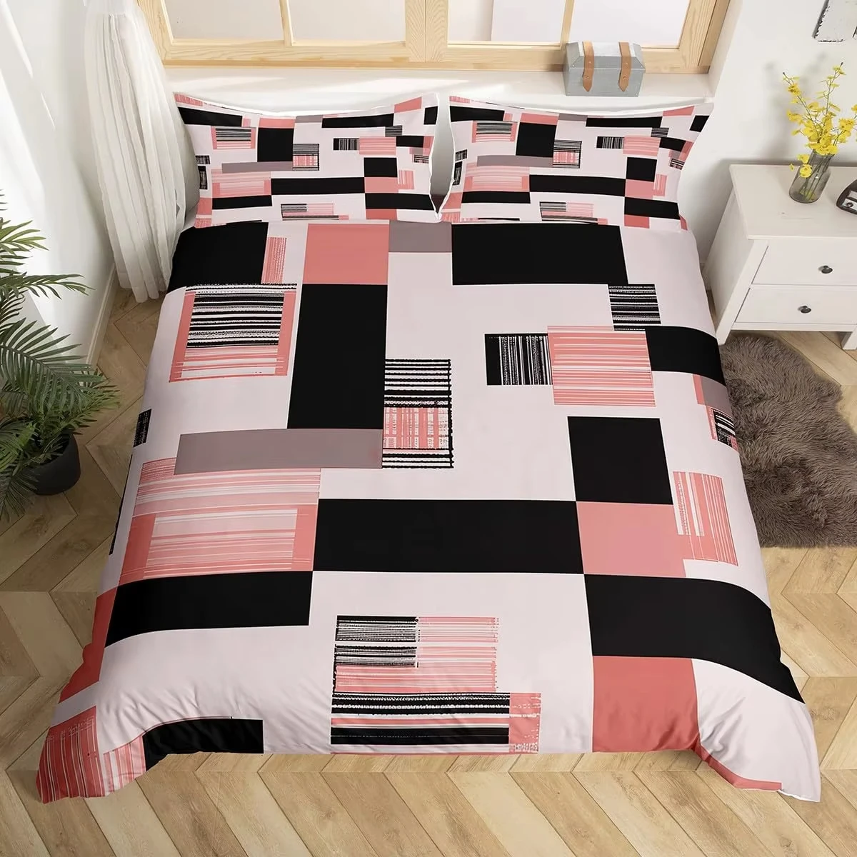 Geometric Duvet Cover King Queen Single Modern Art Bedding Set Abstract Plaid Comforter Cover Microfiber Black Pink Quilt Cover