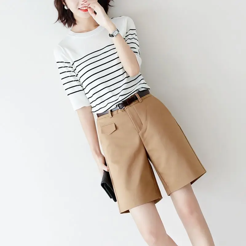 Bermuda Shorts For Women Knee Length Elegant Solid Color Orange Straight Shorts With Belt Loose Casual Women's Summer Shorts