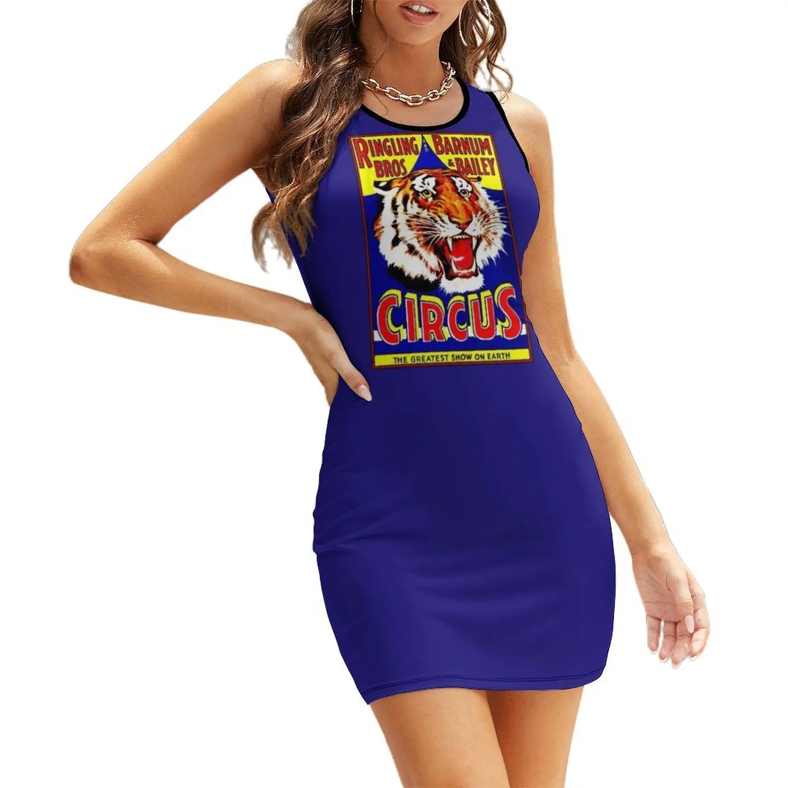 

RINGLING BROS. BARNUM and BAILEY : Vintage Circus Tiger Advertising Print Sleeveless Sundress Beachwear summer women's suit