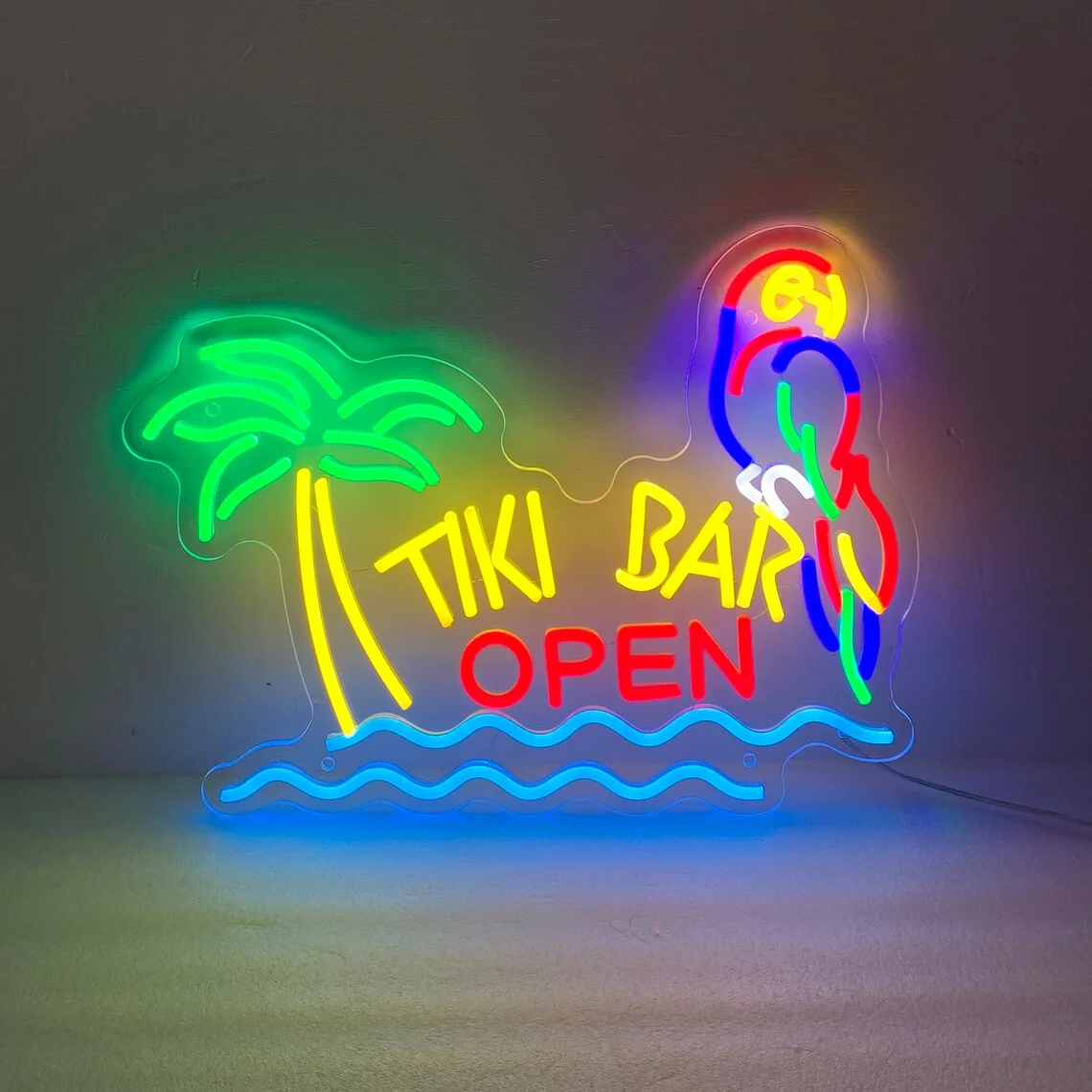 Bar Open Neon Sign Parrot Palm Tree, Bar Neon Sign  Personalized Bar Decor, Beach Bar Sign